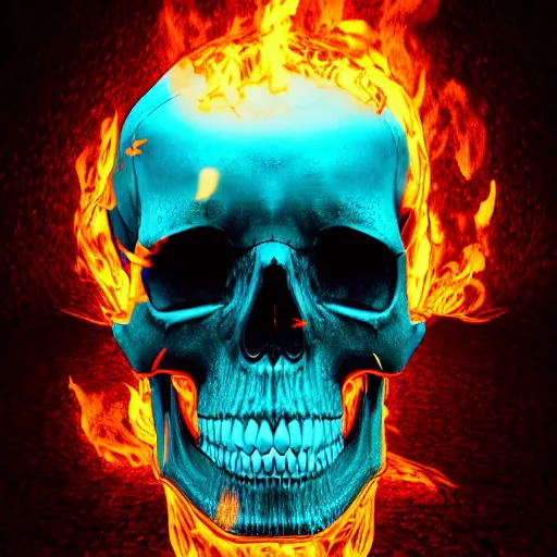 Image similar to a highly detailed human skull with intricate designs on fire in front of a neon blue background, 3 d, fire through eyes, octane render, symmetrical, hyper realism, highly detailed, digital art, artstation, concept art, cinematic lighting, strong bokeh, trending