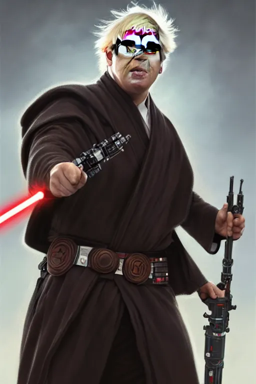 Image similar to Boris Johnson as the best Jedi from Star Wars, realistic portrait, symmetrical, highly detailed, digital painting, artstation, concept art, smooth, sharp focus, illustration, cinematic lighting, art by artgerm and greg rutkowski and alphonse mucha