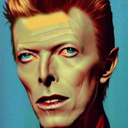 Image similar to “David Bowie portrait, color vintage magazine illustration 1950”