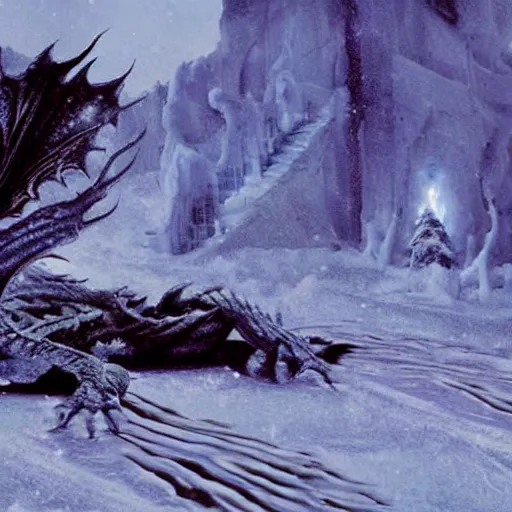 Image similar to dead blue dragon, in the snow, ethereal, matte painting, still from the movie, high fantasy,