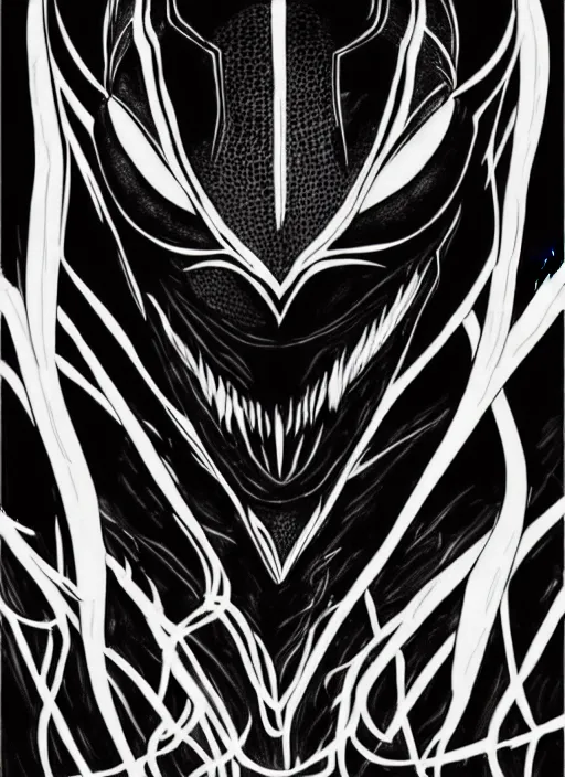 Image similar to symmetry concpet art, full shot, traditional ink, sketch, of venom, line sketch, intricate, elegant, highly detailed, monochrome, digital painting, artstation, concept art, sharp focus, illustration, art by borderlands 3 and peter polach