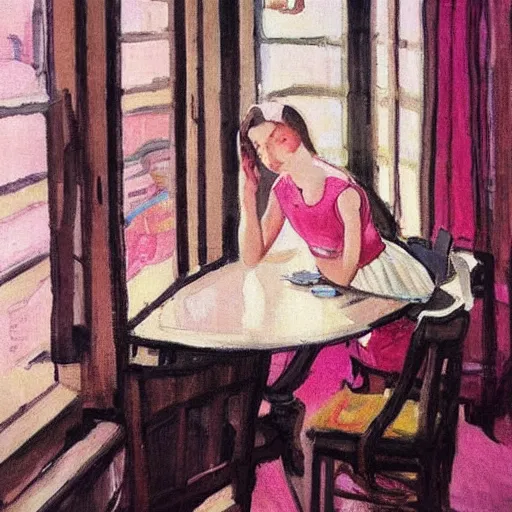 Image similar to a girl in a pink dress with folded hands on a table with iphones on a table sits at a table in a sunny room and looks at the camera, the window is open, by valentin serov