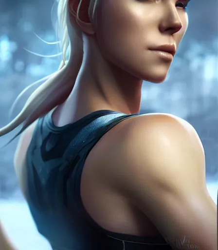 Prompt: beautiful portrait of a gorgeous personal trainer who looks like Sonya Blade , character design by charlie bowater, ross tran, artgerm, and makoto shinkai, detailed, soft lighting, rendered in octane