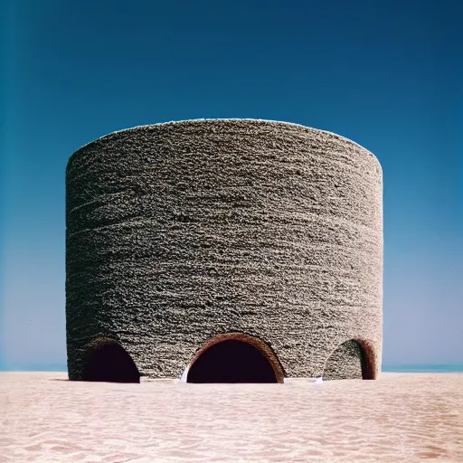 Prompt: a massive Non-Euclidean clay building floating in the ocean, vintage photo, Aubrey Powell, beautiful cinematography, intricate, blue sky, surreal, film grain, symmetrical, James Turrell