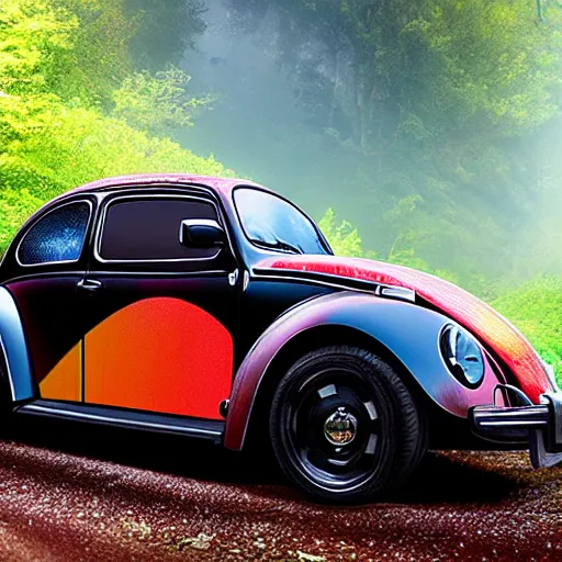 Image similar to promotional scifi - blockbuster movie scene of a ladybug merged with a'glossy volkswagen beetle '. it has wings and is flying down a dusty backroad along a gentle creek in smokey mountains tennessee. cinematic, muted dramtic color, 4 k, imax, 7 0 mm, hdr