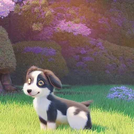 Image similar to a wholesome animation key shot of a spotted australian shepherd puppy, studio ghibli, pixar and disney animation, sharp, rendered in unreal engine 5, anime key art by greg rutkowski, bloom, dramatic lighting