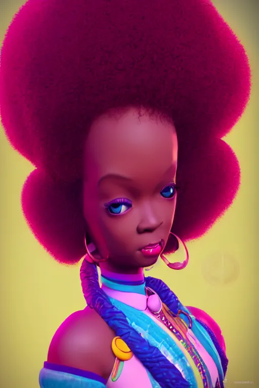 Image similar to a centered render of a cute cool afro disco girl from the seventies, by dreamworks, by pixar, by viktoria gavrilenko, by leticia gillett, by lois van baarle, perfect face, 3 d, 8 k