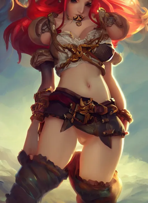 Prompt: joyfull miss fortune a pirate girl, from league of legends, au naturel, hyper detailed, digital art, trending in artstation, cinematic lighting, studio quality, smooth render, unreal engine 5 rendered, octane rendered, art style by klimt and nixeu and ian sprigger and wlop and krenz cushart