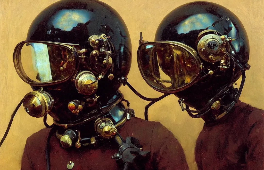 Image similar to portrait of deep sea diver helmet!!!!!!!!!!!!!!!!!!!!!!!!!!!, detailed face, detailed painting, epic lighting, by ilya repin, phil hale and kent williams