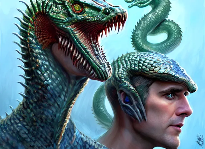 Image similar to hydra of lerna with two heads, one head is lloyd christmas, the other head is harry dunne ( from dumb and dumber ), serpentine water monster, d & d, fantasy, portrait, highly detailed, digital painting, trending on artstation, concept art, sharp focus, illustration, art by artgerm and craig mullins