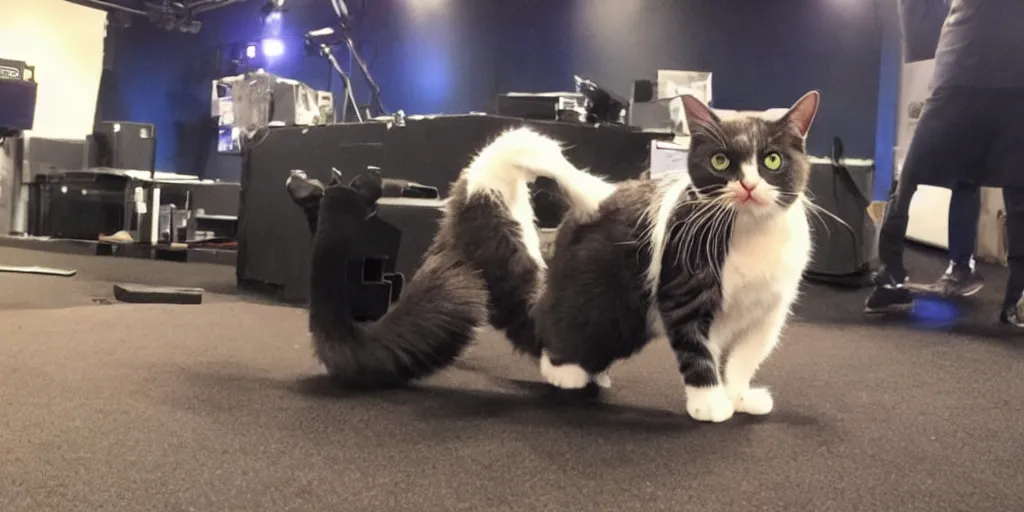 Image similar to a photo of a cat wearing a mocap suit on a volume stage