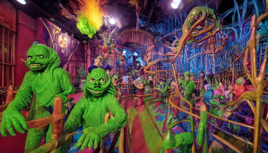 Prompt: 1990s photo of inside the Goosebumps Ride at Universal Studios in Orlando, Florida, children riding through a world made of many Goosebump book characters,, slime, cinematic, UHD