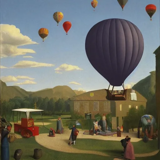 Image similar to an outdoor hot-air-balloon-museum-exhibit by Raphael, Hopper, and Rene Magritte. detailed, romantic, enchanting, trending on artstation.