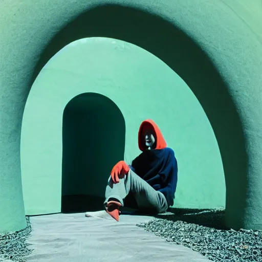 Prompt: a man wearing a green hoodie sitting outside a Non-Euclidean orb-like clay house sitting in the desert, vintage photo, beautiful cinematography, blue sky, film grain, wide angle, far away, James Turrell