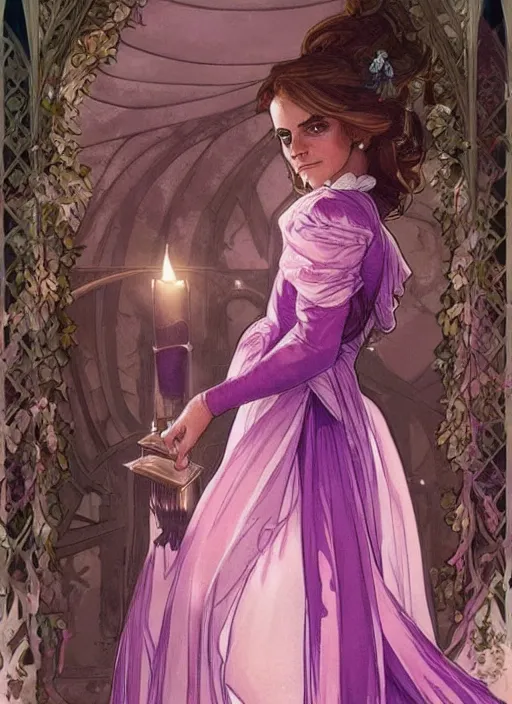 Image similar to emma watson at hogwarts!! at the yule ball wearing elegant pink and purple dress. beautiful detailed face. by artgerm and greg rutkowski and alphonse mucha