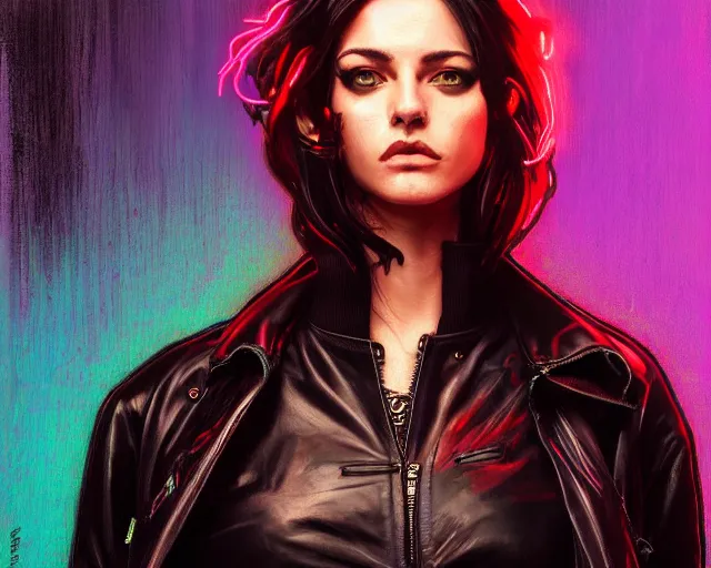 Image similar to painting of a punk woman in a leather bomber jacket on a rainy street at night, neon lighting, medium shot, symmetrical, elegant intricate digital painting, trending on artstation, by artgerm and greg rutkowski and alphonse mucha