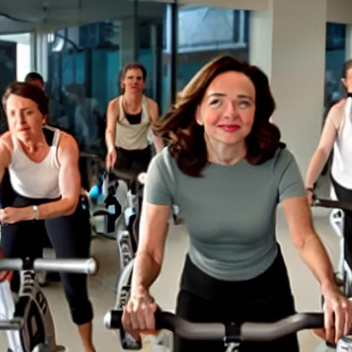 Prompt: Film still of Sheryl Sandberg in SoulCycle (2017), directed by Steven Spielberg