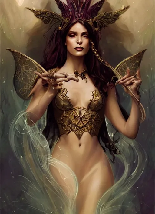 Image similar to tarot!!, fairy queen, fantasy medieval, no noise, elegant, concept art, sharp focus, beautiful face!!, digital art, smooth defined outlines!!, by Brom, trending on Artstation, Tom Bagshaw, Sargent