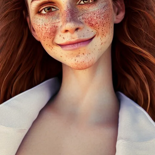 Image similar to portrait of a cute thin young woman, bronze brown hair, eye color is emerald green, red blush, cute freckles, smug smile, modern clothes, relaxing on the beach, golden hour, close up shot, 8 k, art by irakli nadar, hyperrealism, hyperdetailed, ultra realistic