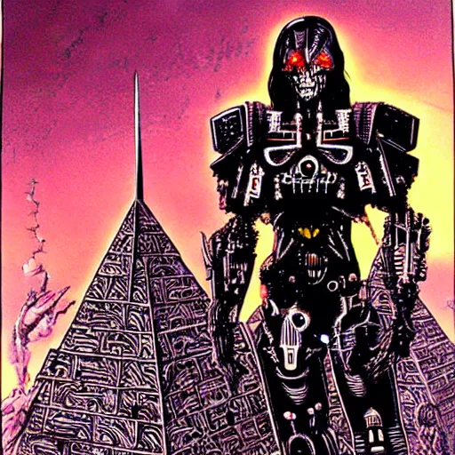 Image similar to cyborg undead Warrior, dark metal pyramids in the background, art by Philippe Druillet