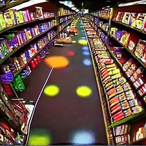 Image similar to grainy security cam footage still movie Willy Wonka and his Chocolate Factory, extreme wide angle