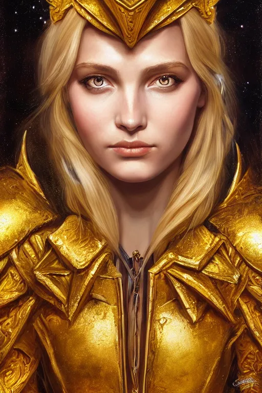 Image similar to high quality extremely detailed closeup portrait of a young gorgeous female warlock looking away from the camera wearing very reflective golden armor, detailed eyes, sparkle in eyes, no hands visible, fantasy, d & d, intricate, painting by lucian freud and mark brooks, hd