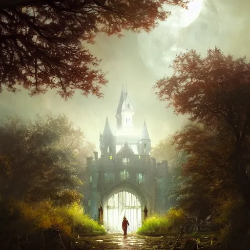 Prompt: a hidden gate in the trees, victorian setting, dramatic light, castle background, clouds, moon, storm, night, high detail, fantasy background, painted by greg rutkowski, digital art, trending on artstation