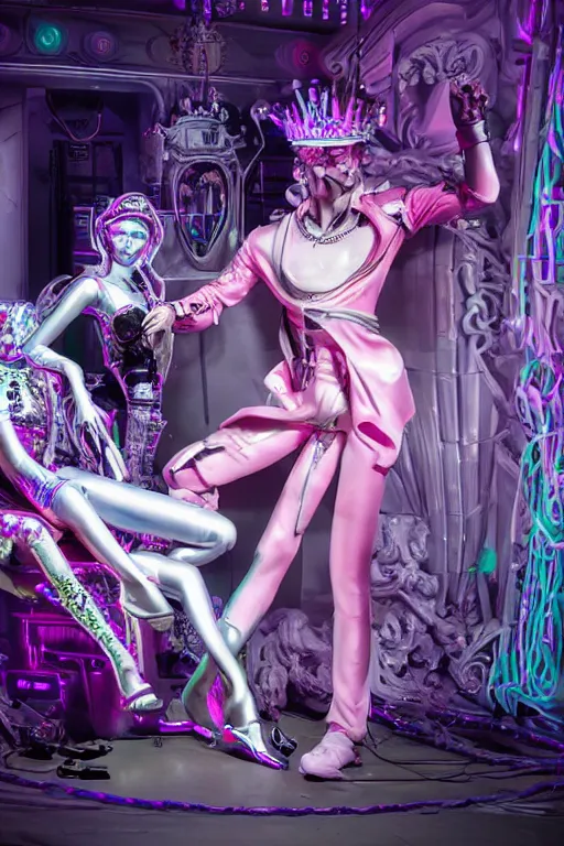 Prompt: full-body rococo and cyberpunk style neon statue of a young attractive Joe Jonas macho dotado e rico android sim roupa reclining con las piernas abertas e la piroca dura, glowing white laser eyes, prince crown of pink gears, diamonds, swirling silver-colored silk fabric. futuristic elements. full-length view. space robots. human skulls. intricate artwork by caravaggio. Trending on artstation, octane render, cinematic lighting from the right, hyper realism, octane render, 8k, depth of field, 3D