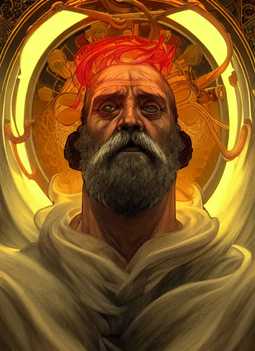 Prompt: the god hephaestus, old man, fiery hair, glowing eyes, volumetric lights, yellow and red scheme, art nouveau botanicals, gothic, intricate, highly detailed, digital painting, artstation, concept art, smooth, sharp focus, symmetric face, illustration, steampunk, art by artgerm and greg rutkowski and alphonse mucha