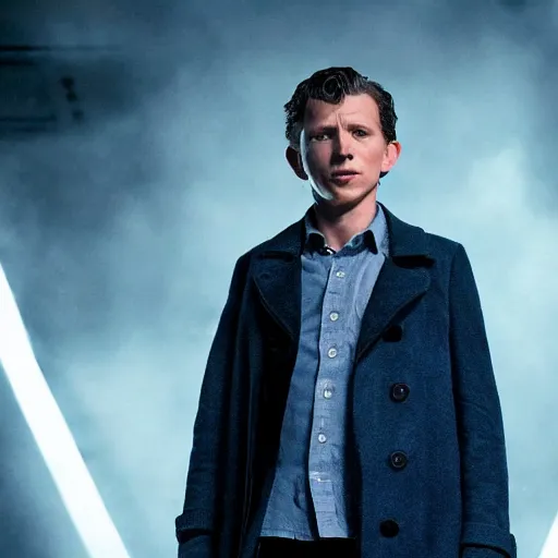 Prompt: tom holland as a rough dirty old man with a scruffy beard in a dark blue trenchcoat as the new doctor who, cinematic, volumetric lighting, f 8 aperture, cinematic eastman 5 3 8 4 film, photorealistic