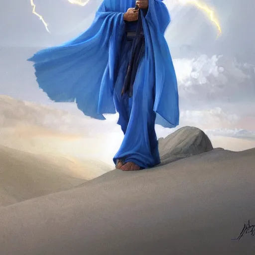 Prompt: painting of a distant wizard in a blue robe standing on a dune in front of a lightning strike artwork by wlop and john william waterhouse and Edwin Longsden Long and Nasreddine Dinet and artgerm trending on artstation, very coherent symmetrical artwork high detail 8k