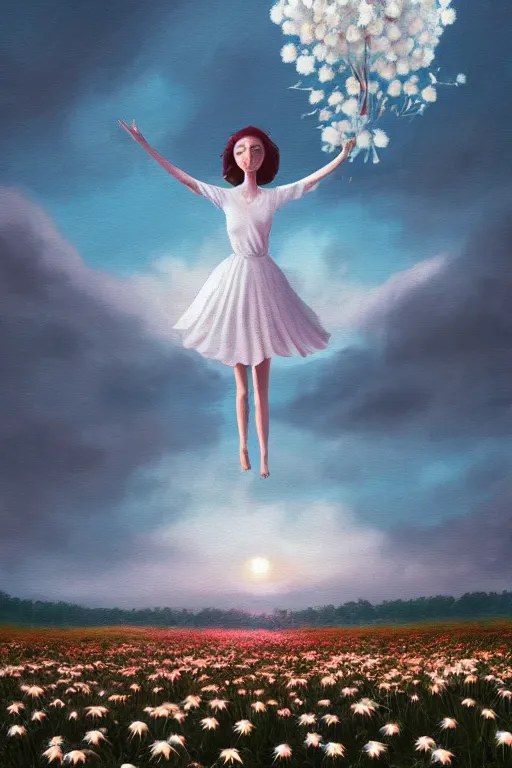 Image similar to giant white daisy flower as head, woman dancing in a flower field, surreal photography, sunrise, dramatic light, impressionist painting, colorful clouds, digital painting, artstation, simon stalenhag