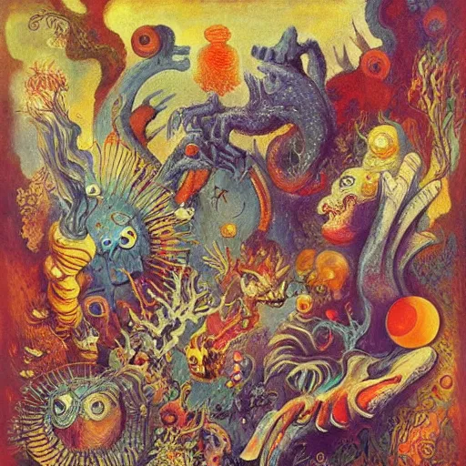 Image similar to whimsical monsters repressed in the depths of the unconcscious, surreal oil painting by Ronny Khalil and Kandinsky, drawn by Ernst Haeckel, as an offering to Zeus