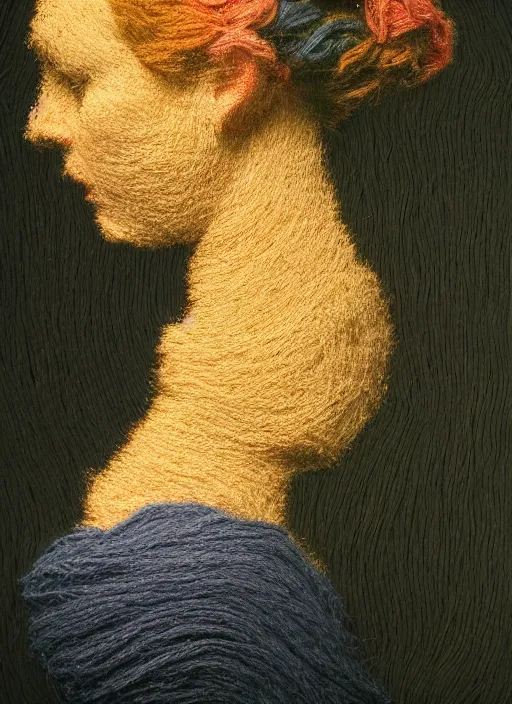 Prompt: a woman's face in profile, made of strands of coloured yarn, in the style of the Dutch masters and Gregory Crewdson, dark and moody