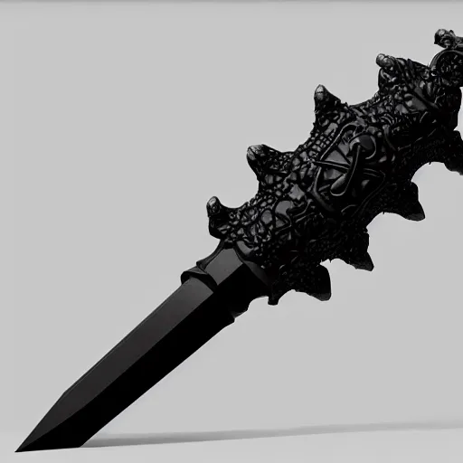 Prompt: a black sword skull handle, ornament, weapon, a 3 d render by dom qwek, studio lighting, front side view, trending on polycount, futurism, hard surface modeling, rendered in maya, 3 ds max, blender, artstation hd, vray