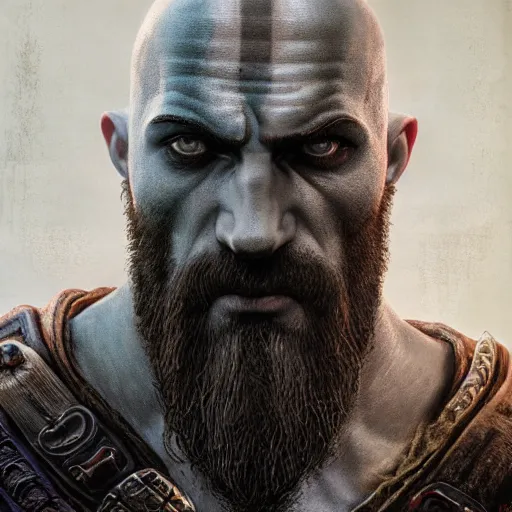 Image similar to portrait of kratos, intricate artwork, concept art, octane render, deviantart, cinematic, key art, hyperrealism, iridescent accents, portrait photograph, nikon 3 5 mm, photograph by greg rutkowski