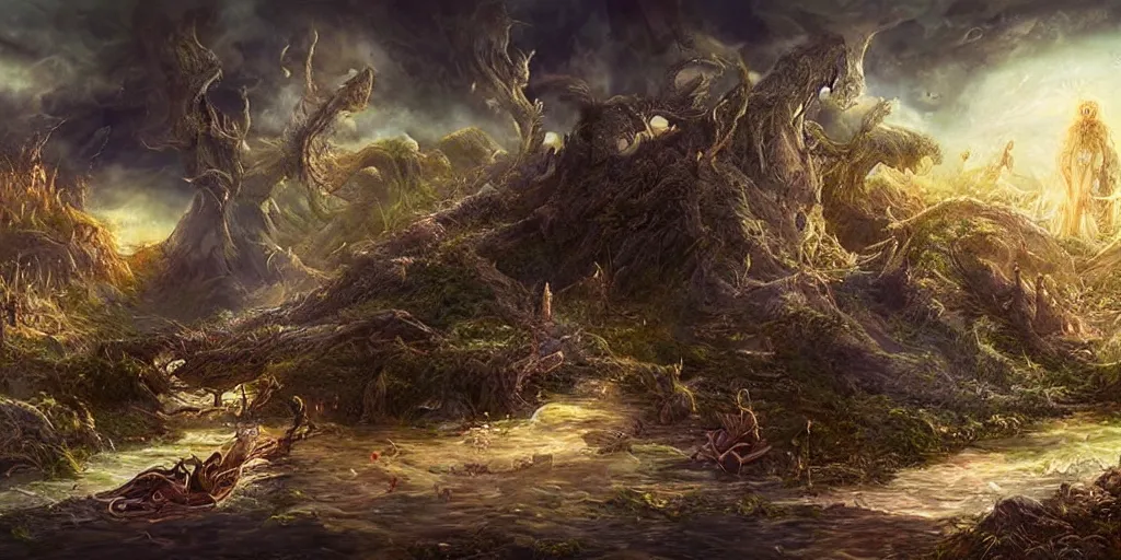 Image similar to a never - ending fantasy art, depicting scenes and creatures from otherworldly realms.