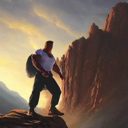 Image similar to arnold schwarzenegger lifting a literal mountain, highly detailed, shallow depth of field, art by artgerm and greg rutkowski