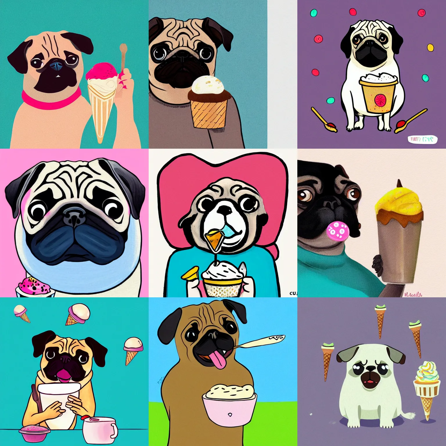 Prompt: pug eating ice cream, illustration by marzia kjellberg, illustration by cutiepiemarzia