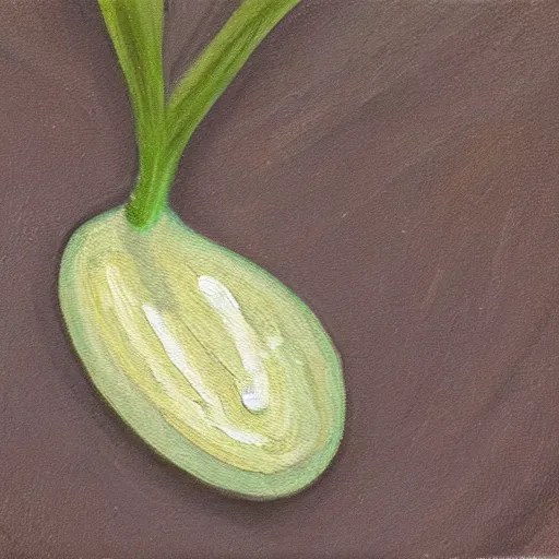 Prompt: detailed painting of a single small seed sitting on loose fresh earth, breaking open to reveal the cotyledon. muted colors and natural tones.