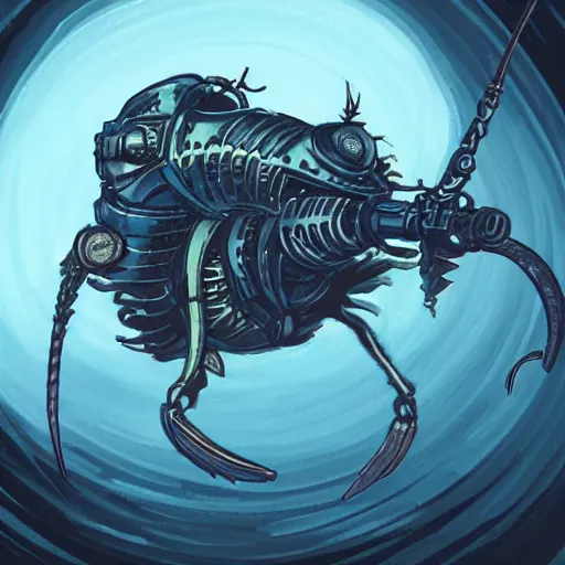 Image similar to concept art of a cyberpunk insectoid underwater alien and its minions, 1 9 4 0 s weapons