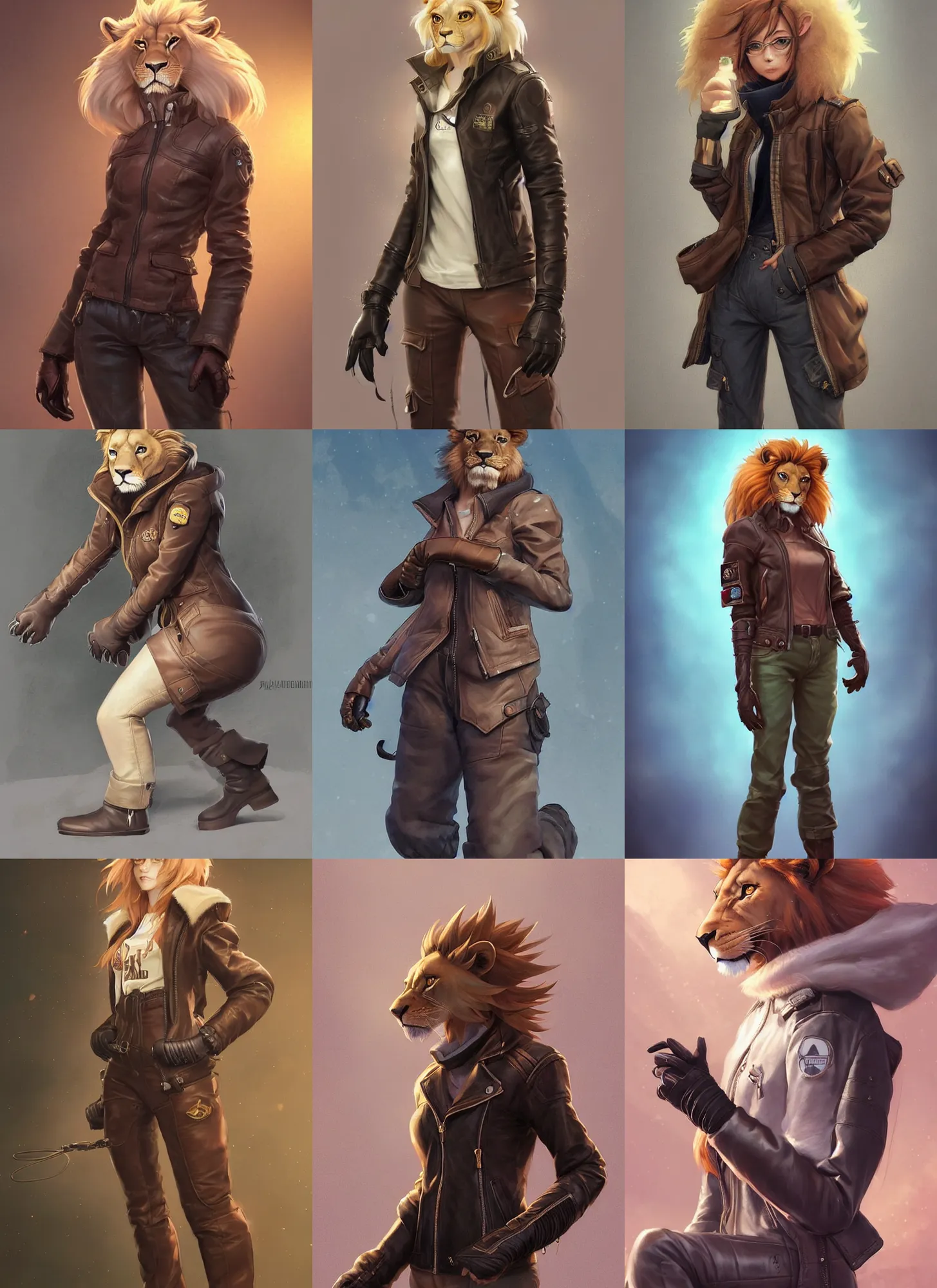 Image similar to beautiful portrait of a female anthropomorphic lion fursona wearing a leather jacket. leather gloves. leather boots. cargo pants. character design by charlie bowater, ross tran, artgerm, and makoto shinkai, detailed, soft lighting, rendered in octane