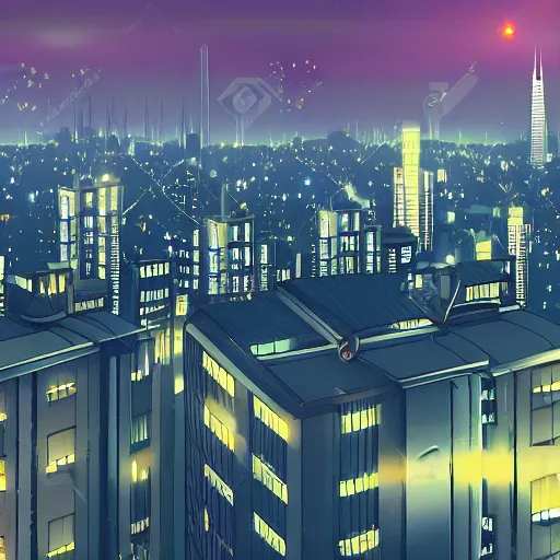 Prompt: atmospheric night scene, city lights, skyscrapers in distance, anime, high quality, high definition