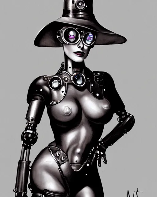 Prompt: margo robbie, steam punk, half robot, evil 8 k, concept art, extremely detailed, black and white, by hajime sorayama