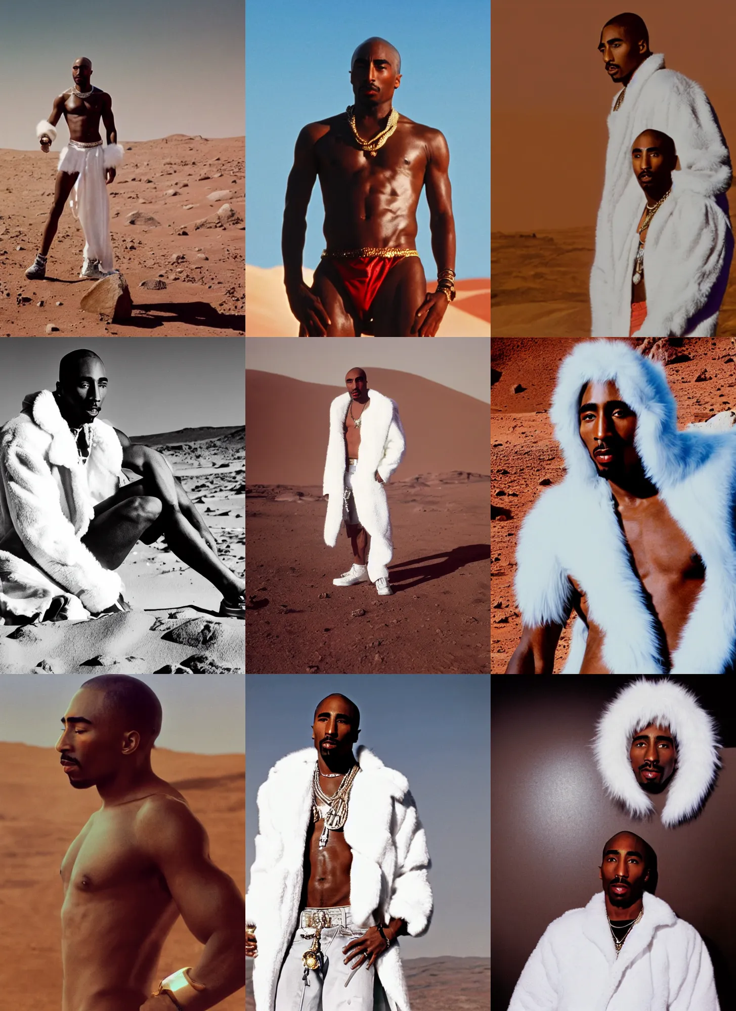 Prompt: an 8 k futuristic official photograph of tupac shakur posing shirtless on mars wearing a huge white fur coat