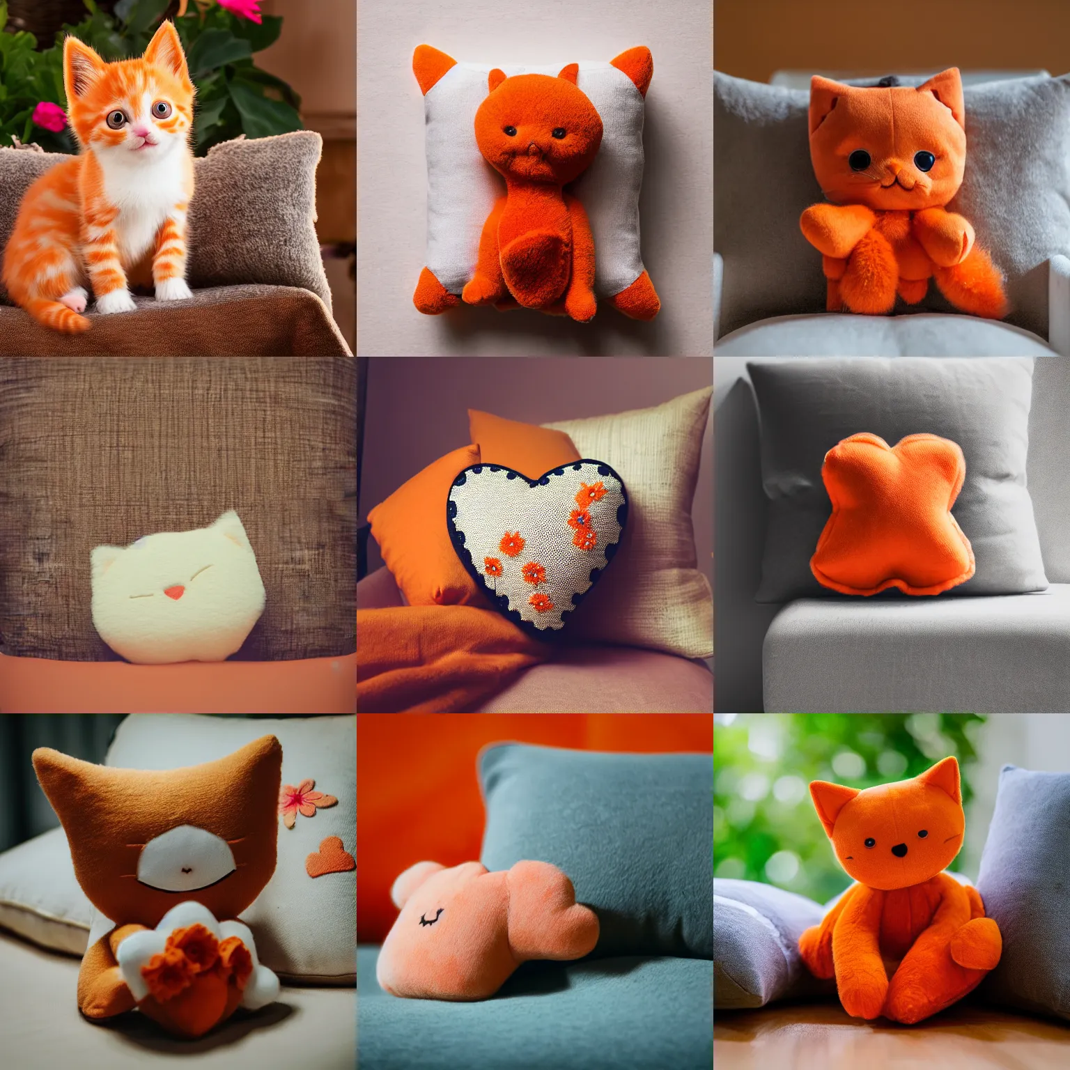 Prompt: A cute little orange kitten sits on a plush heart-shaped pillow with a pattern of flowers, DSLR, 35 mm Photo, Unreal Engine 4k, cinematic wallpaper, Digital art, octane render, unreal engine, realistic. beautiful lighting, sharp, details, hyper-detailed, HD, HDR, 4K, 8K, masterpiece, bokeh