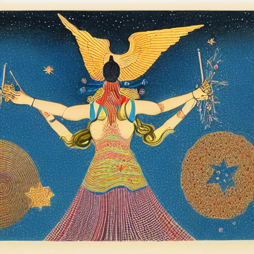 Prompt: perspective pointillism, manichaean artwork by frank stella, by ravi zupa. a experimental art of a woman with wings made of stars, surrounded by a blue & white night sky. the woman is holding a staff in one hand, & a star in the other. she is wearing a billowing dress, & her hair is blowing in the wind.