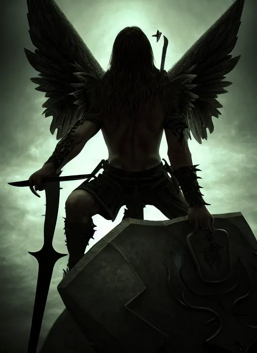 Image similar to fantasy art, fallen man angel kneeling on the knees with a sword and shield, close-up, bokeh. dark art masterpiece artstation. 8k, sharp high quality illustration in style of Jose Daniel Cabrera Pena and Leonid Kozienko, Tooth Wu, studio lighting. angel with big wings