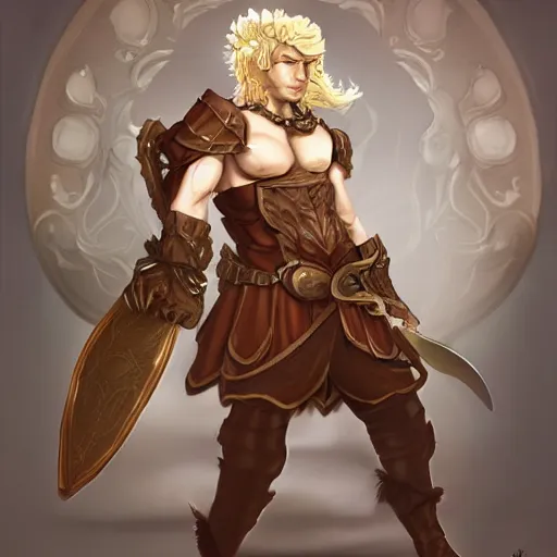 Prompt: a refined dnd satyr with flowy blonde hair, very confident wearing some leather armor and a set of pan flutes, very fancy, refined materials, trending on art station, digital art, airbrush