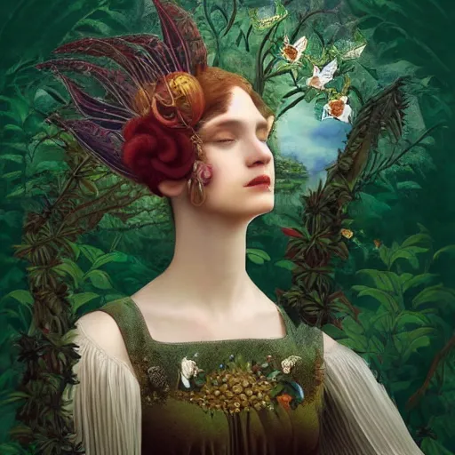 Image similar to a detailed portrait of young woman in renaissance dress and a surreal renaissance headdress, very surreal garden, cyberpunk, surreal tea party, birds, nature, strange creatures, by christian schloe and botticelli, naotto hattori, amy sol, roger dean, moody colors